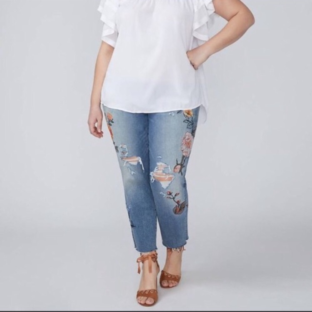Lane Bryant distressed Embroidered blue jeans. 14R